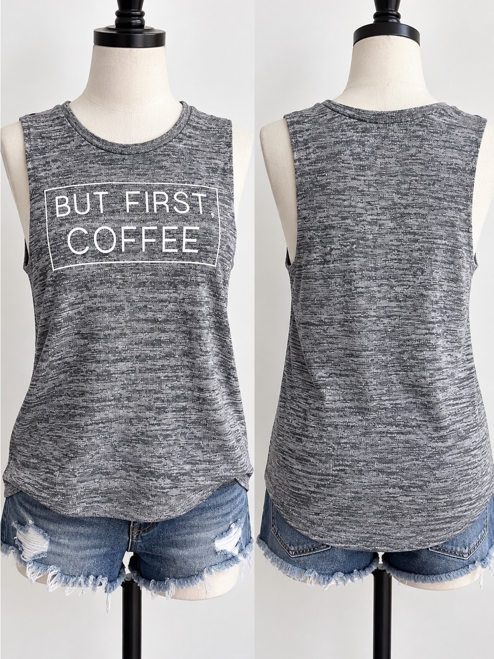 Fifth Sun Gray Marled "But First, Coffee" Tank